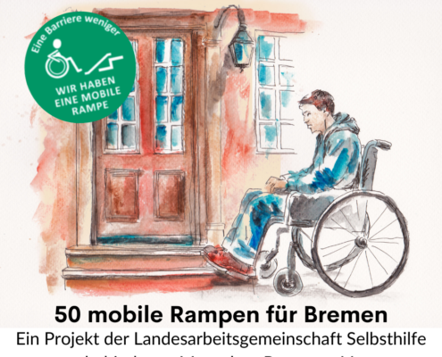 Aquarellzeichnung von einem Mann im Rollstuhl vor einer Tür mit Treppe. An der Seite ist der grüne Button mit der Aufschrift "Wir haben eine mobile Rampe. Dies ist das Leitmotiv für die Rampenaktion.